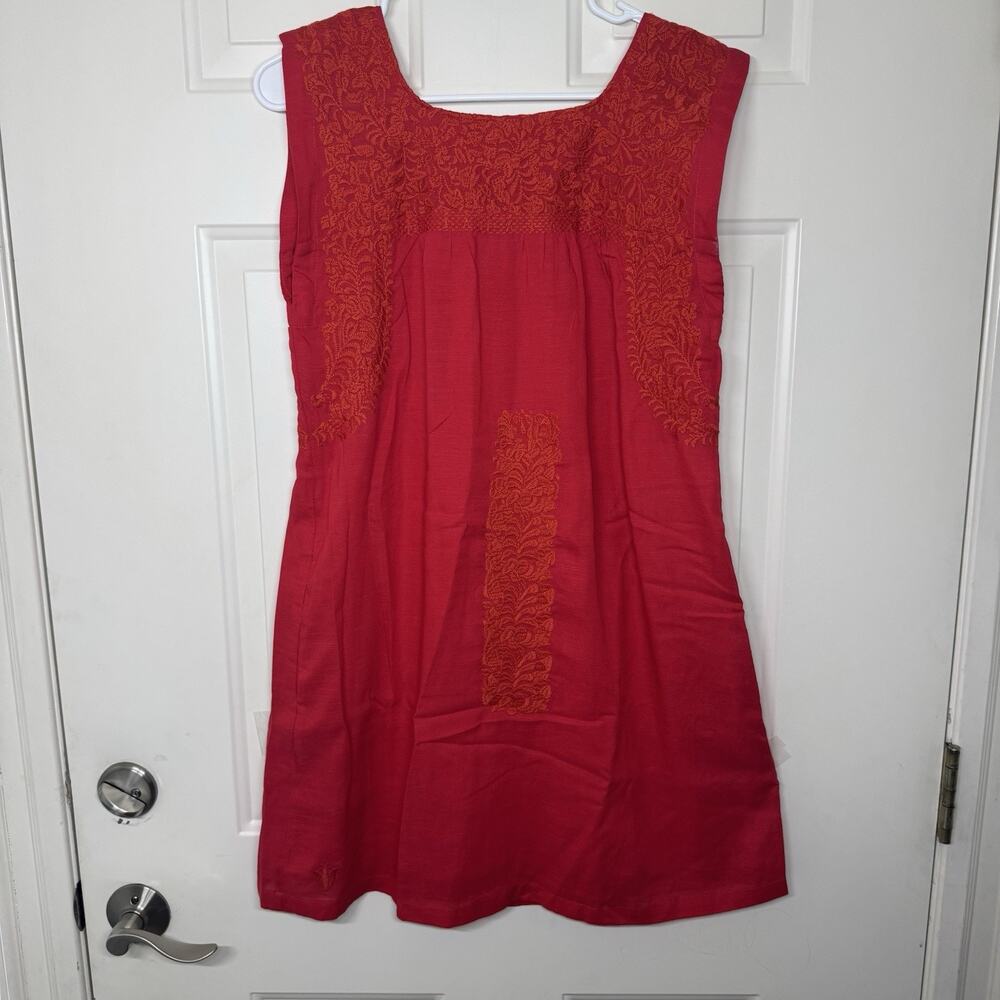J. Marie The Reina Tunic Dress Mexican Inspired Embroidery Pockets Red Women XS
